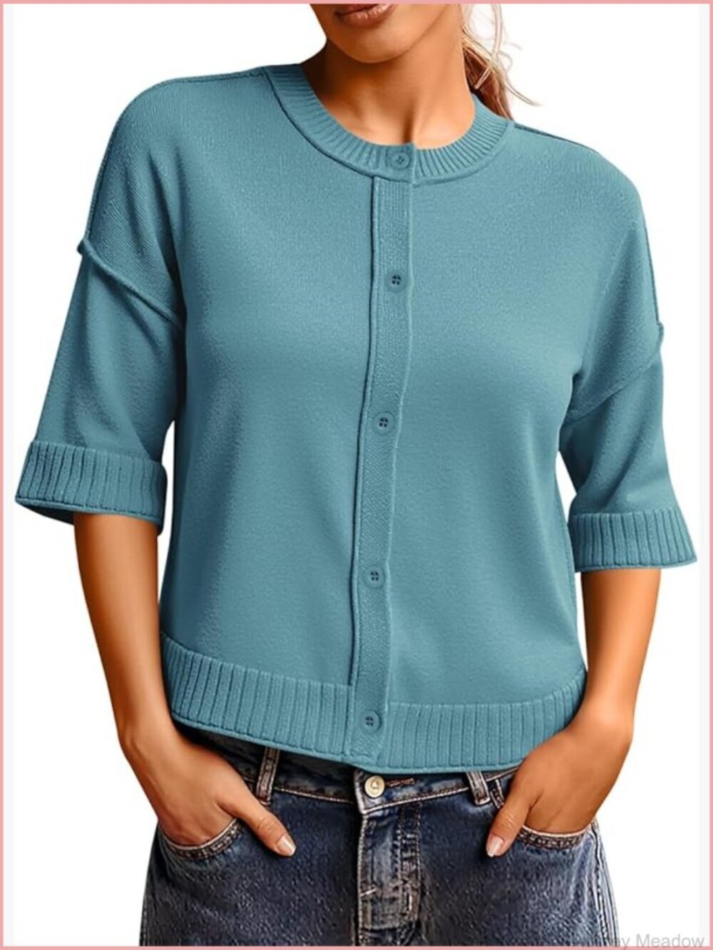 3/4 Sleeve Button Down Cardigan Cropped Knit Sweater Casual Fall Outerwear